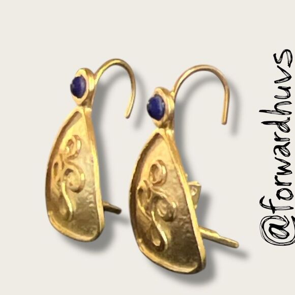 Gold Tone Leverback Earrings with Lapis Blue Stone - Picture 3 of 10